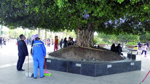 物管人員打算拆除小帳篷（白圈），小孩在一旁依依不舍