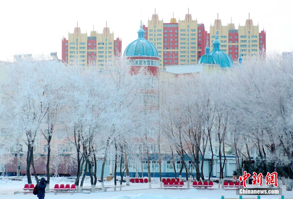 12月10日,受降溫天氣影響,黑河市黑龍江江畔出現(xiàn)綿延數(shù)公里的霧凇景觀。