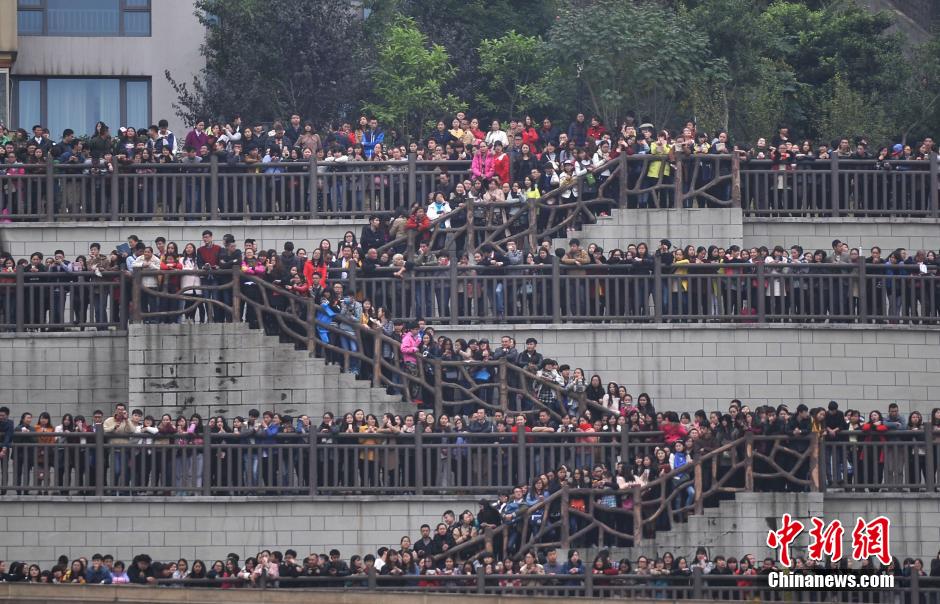 重慶上萬(wàn)粉絲在南濱路等待《奔跑吧兄弟》節(jié)目的錄制。