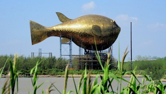 昨天，揚(yáng)中市西沙島，正在施工的河豚塔金光閃閃