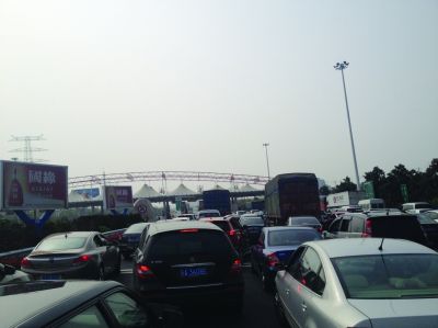 收費站前長長排隊的車輛。陳郁