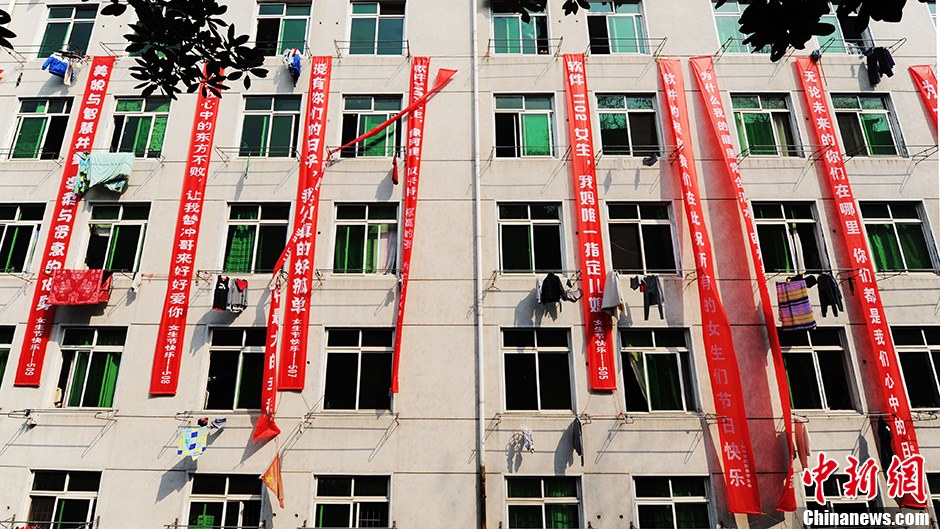 圖為男生宿舍掛起的二十多條橫幅。