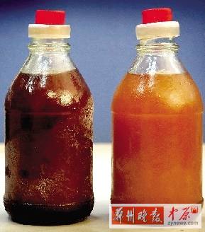 兩種油的顏色差別很大。（左為真）