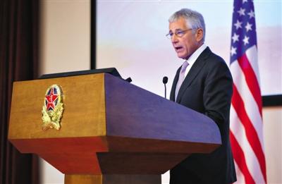 昨日下午，美國國防部長哈格爾在中國國防大學發(fā)表演講。