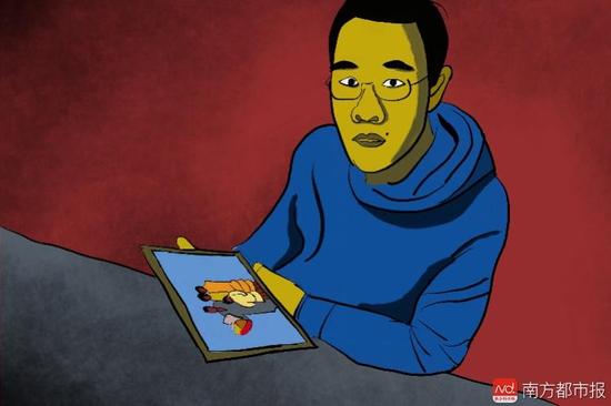 王煥凱看著一家人幸福的合照，黯然神傷，悔不當(dāng)初。（畫作者：吳斌）