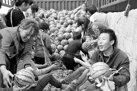 　眼下，內(nèi)黃縣東莊鎮(zhèn)種植的“無(wú)公害西瓜”豐收，市場(chǎng)緊俏。圖為5月6日，瓜農(nóng)準(zhǔn)備把外銷(xiāo)的西瓜裝車(chē)。劉肖