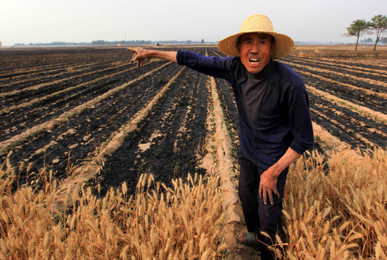 河南省滑縣、內黃縣麥田著火，麥壟套種的花生、玉米苗也被烤焦，群眾損失慘重