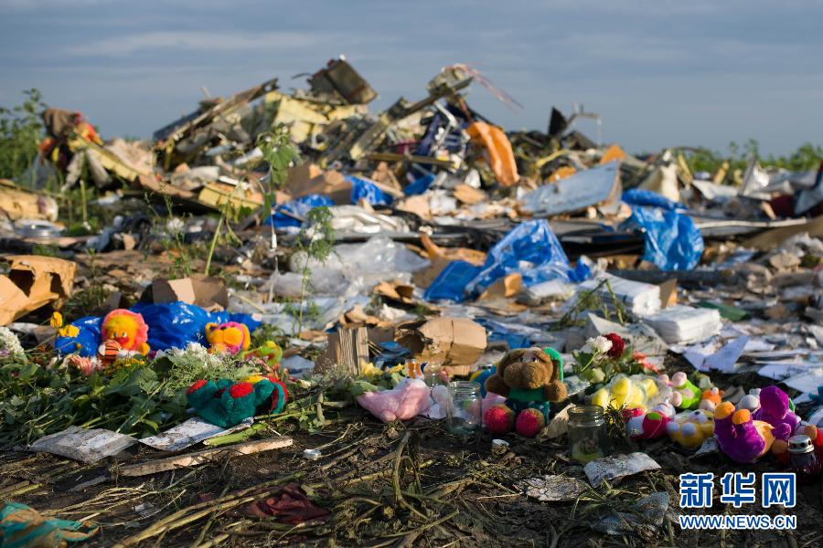 7月19日,在烏克蘭頓涅茨克州拉瑟普諾耶村附近,人們將玩具擺放在馬航MH17航班墜機(jī)現(xiàn)場(chǎng)。