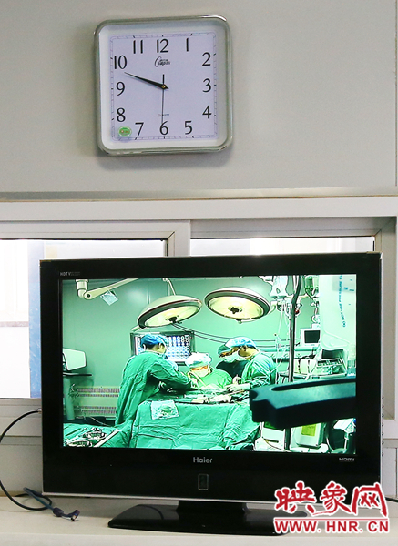 由于扎入大龍顱內(nèi)的針位置較深，所以經(jīng)過七次定位才取出,圖為監(jiān)視器中手術(shù)場景