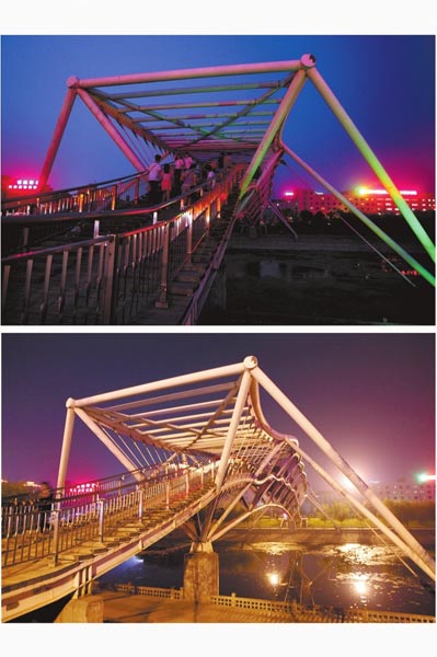 花園路西側(cè)東風(fēng)渠景觀橋，上圖攝于7月31日晚間，下圖攝于10月9日晚間。