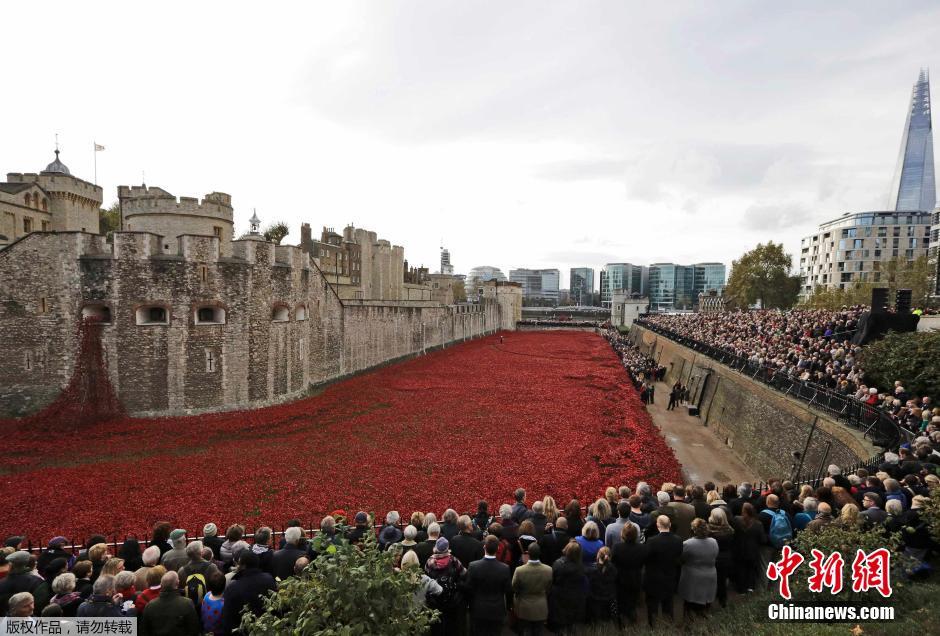當(dāng)?shù)貢r(shí)間2014年11月10日，英國(guó)倫敦，倫敦塔周邊“種植”了888246朵陶瓷材質(zhì)的罌粟花，以此紀(jì)