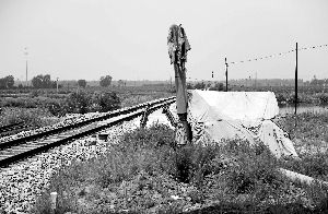 6月30日， 農(nóng)戶用搭建的窩棚和電線桿阻擋了鐵路的施工。新華社發(fā)