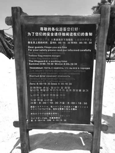 大東海海灘上用多國(guó)語(yǔ)言設(shè)立的安全告示。